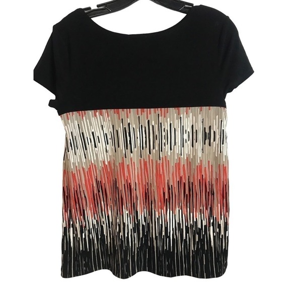 Liz Co Geometric Black Orange Beige Short Sleeve Top Size M - Picture 2 of 9